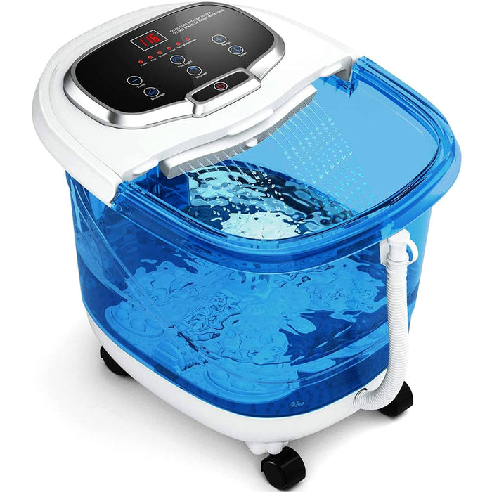 Heated foot spa bath massager in blue with motorized rollers