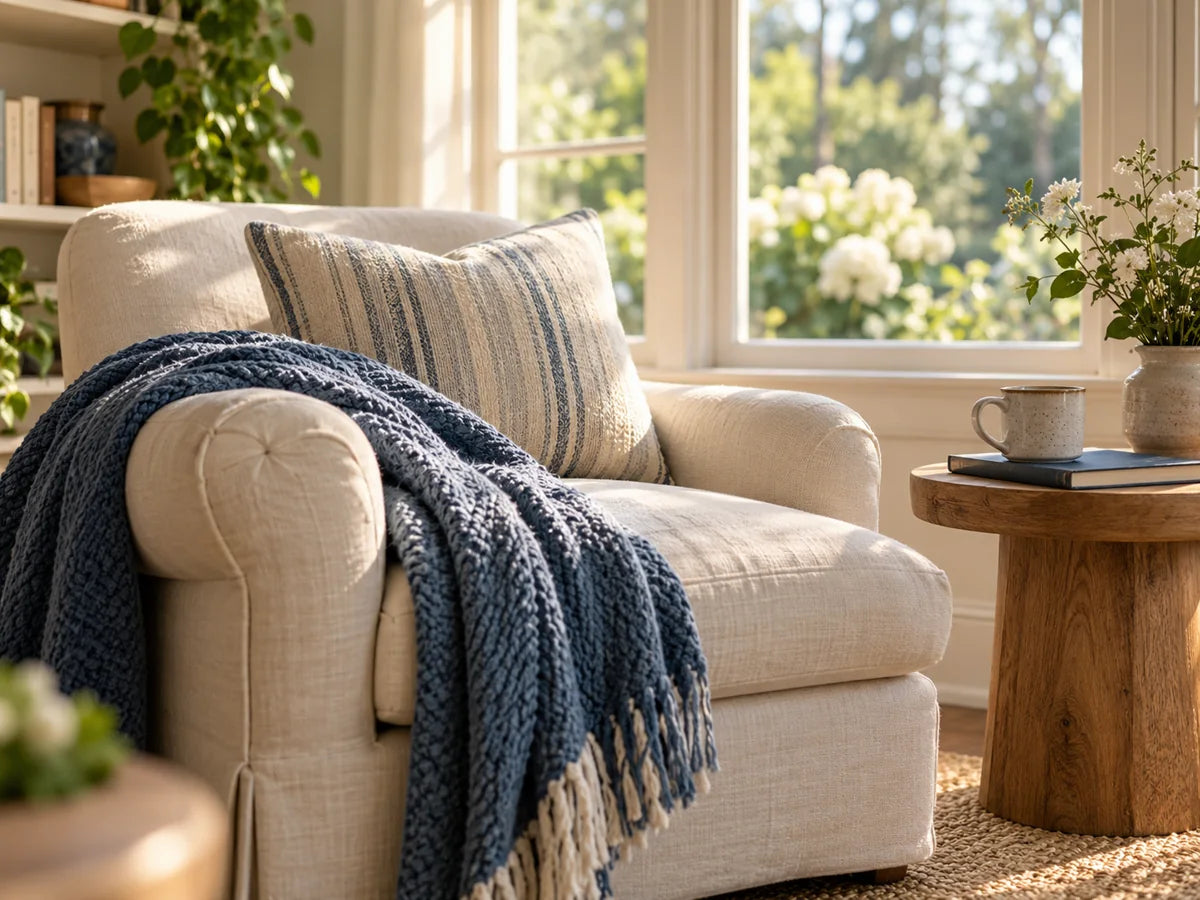 Cozy linen chair with a navy throw beside a sunny window