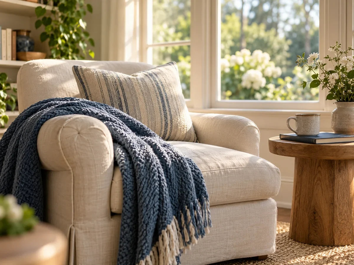 Cozy linen chair with a navy throw beside a sunny window
