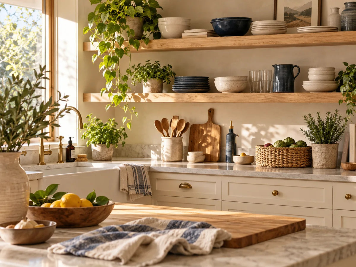 Organized kitchen with wood shelves and potted herbs