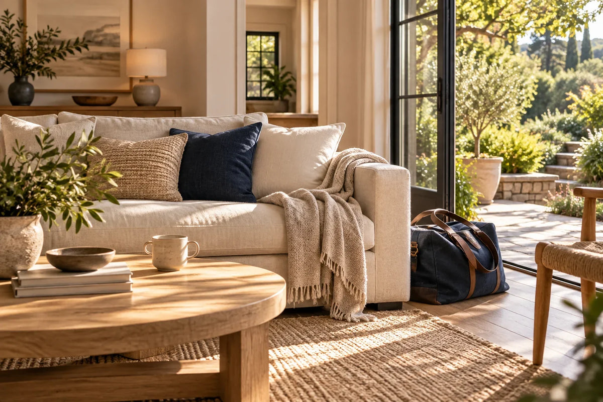 Sunlit living room with a linen sofa and oak table