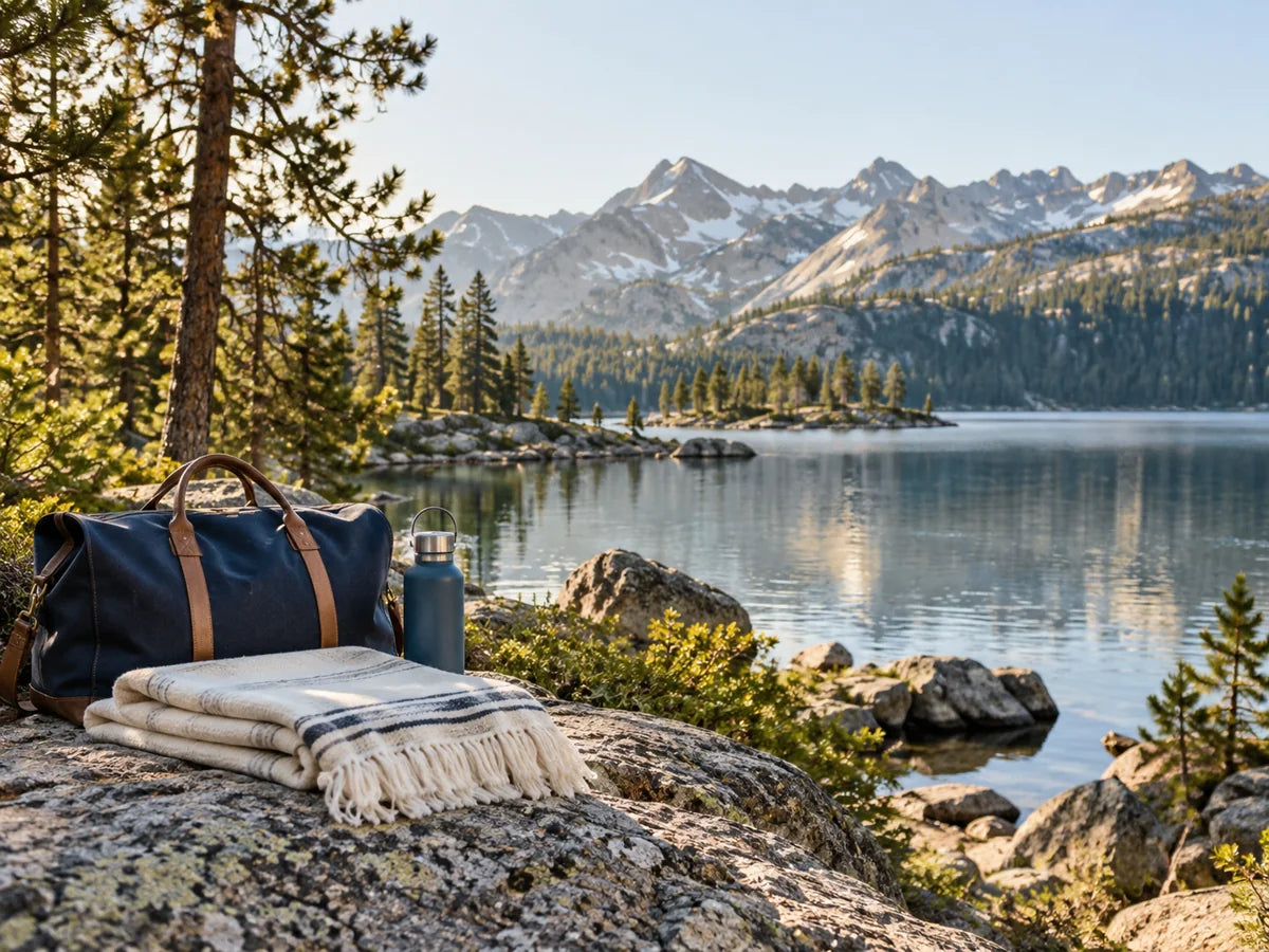 Weekend bag and picnic blanket beside a mountain lake