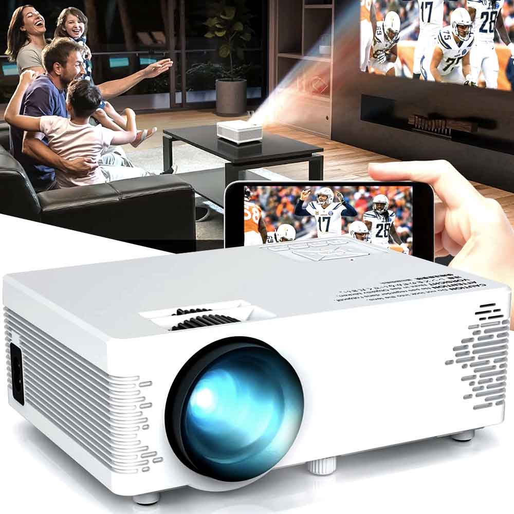 Mini projector showing a movie on the wall