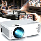 Mini projector showing a movie on the wall