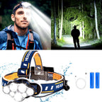 Rechargeable 8-LED headlamp with two batteries and charging cable