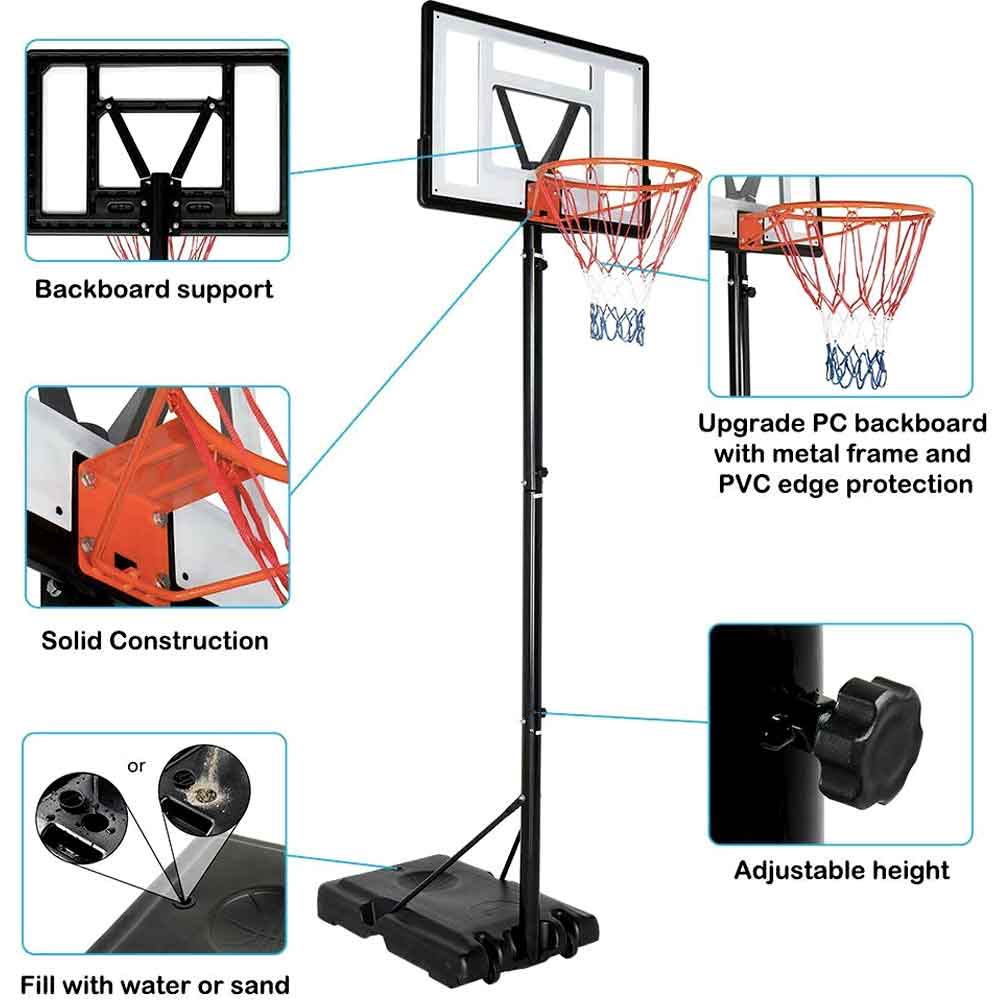 Backboard frame, edge protection, adjustable height and fillable base