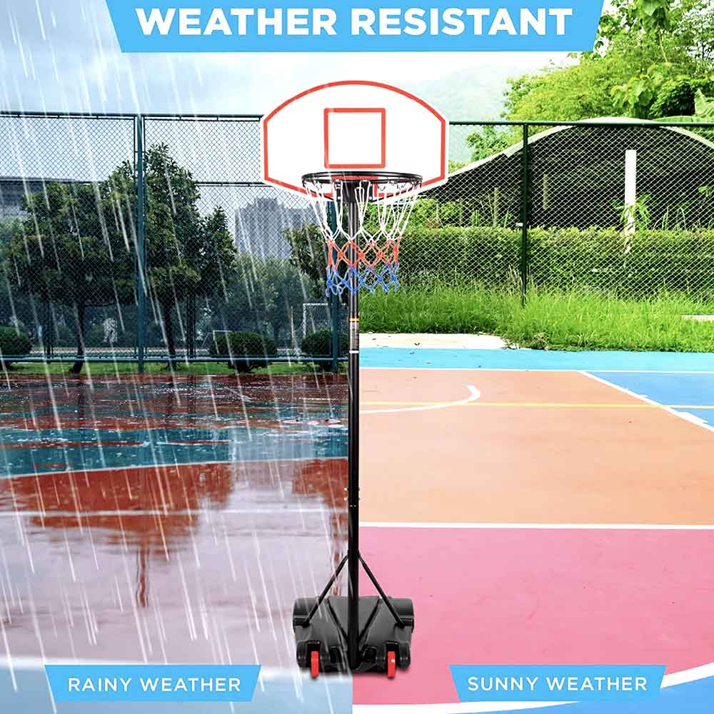 Weather-resistant hoop standing in the rain on an outdoor court