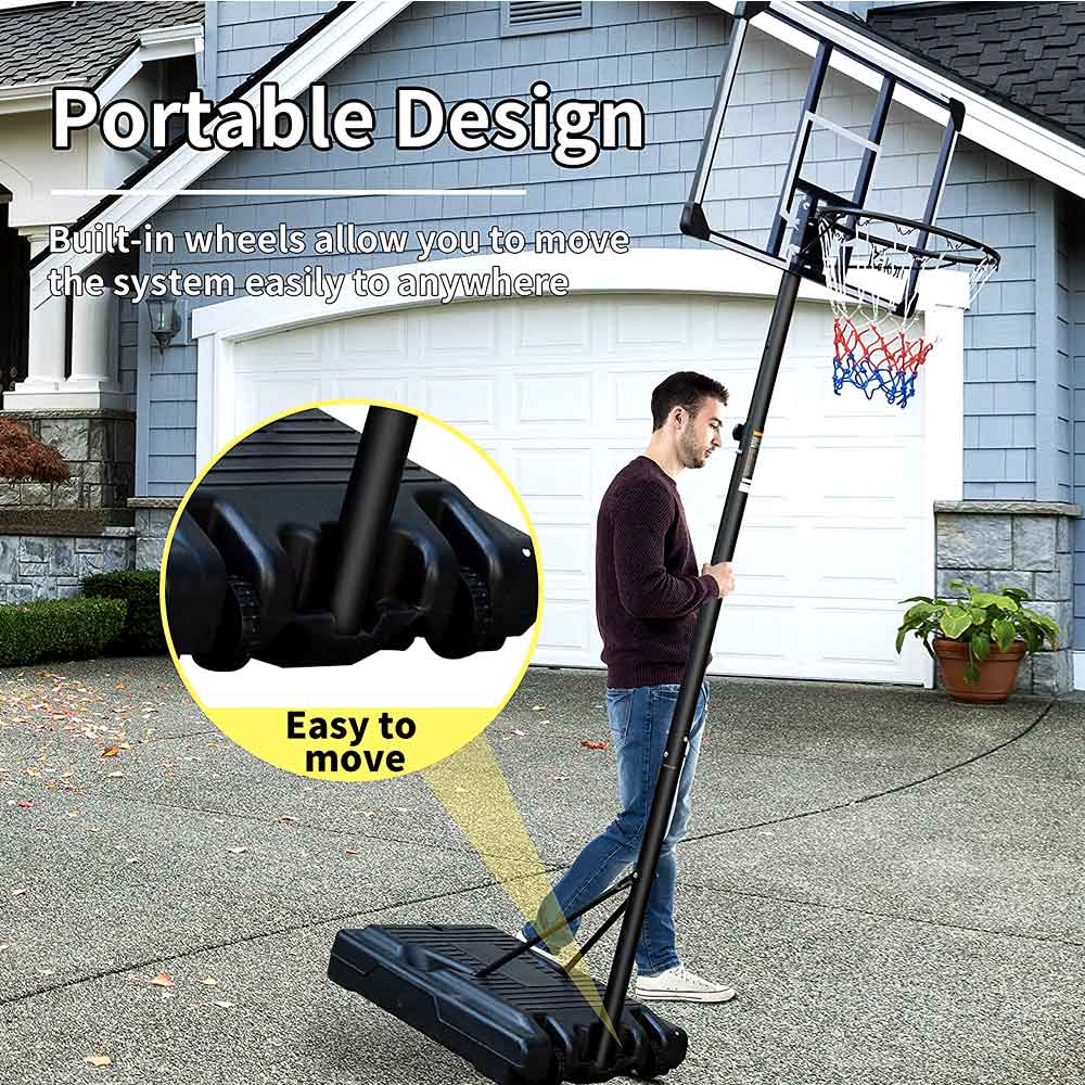 Tilting the hoop back on its built-in wheels to move it