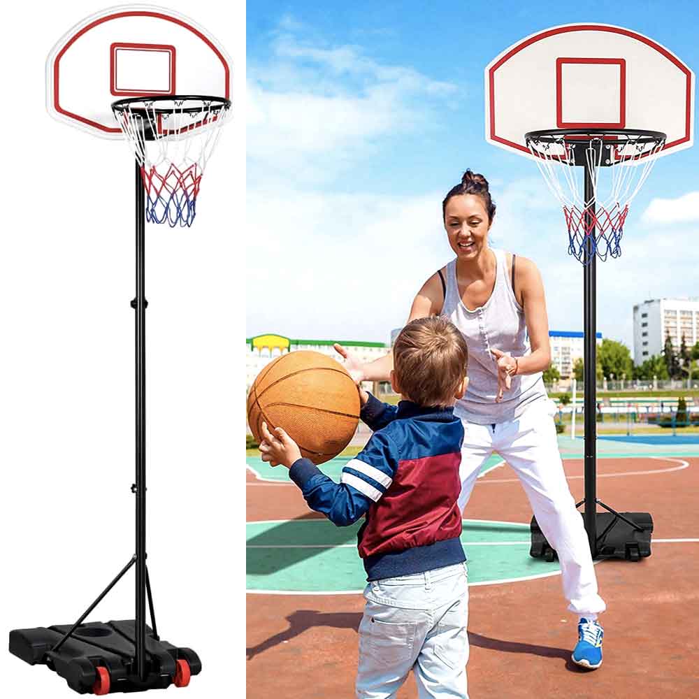 Mother and child at the kids hoop beside a court