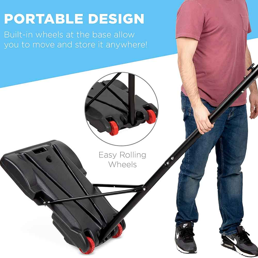 Rolling the portable hoop on its base wheels