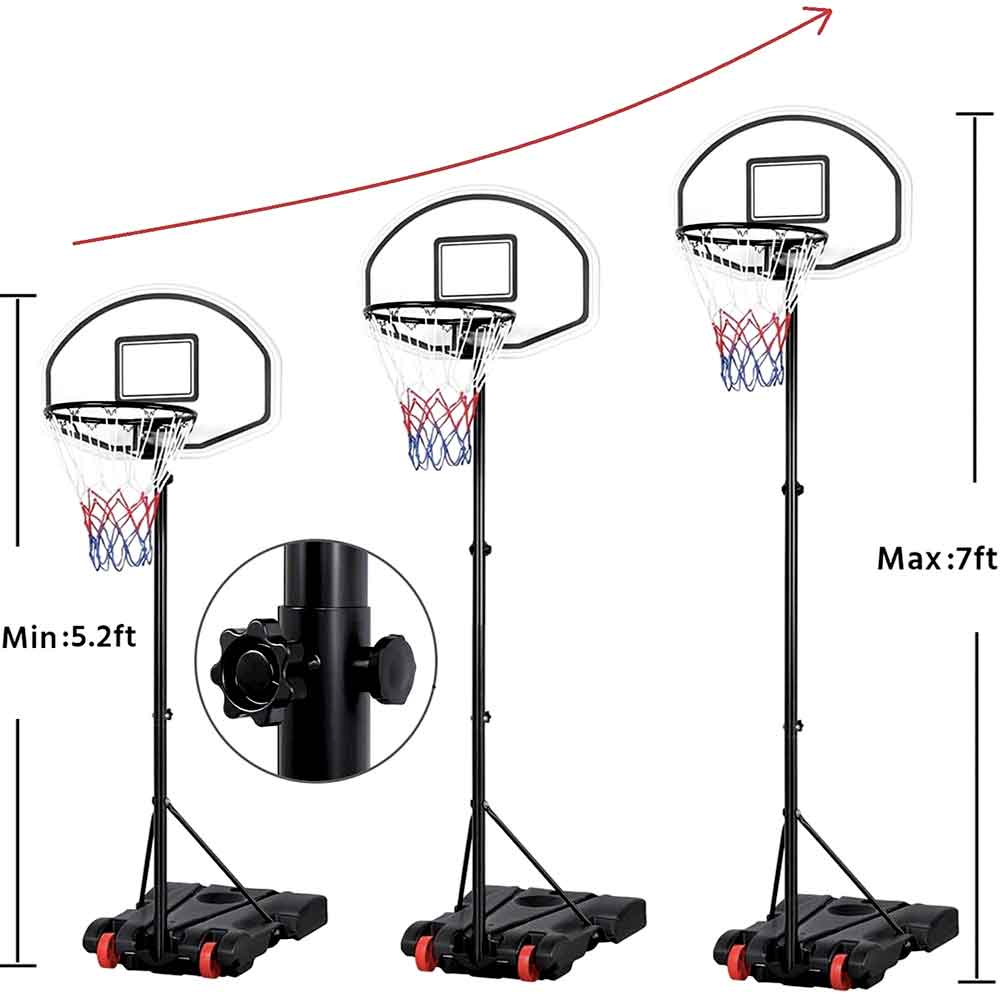 Kids hoop height adjusting from about 5.3 to 7 feet