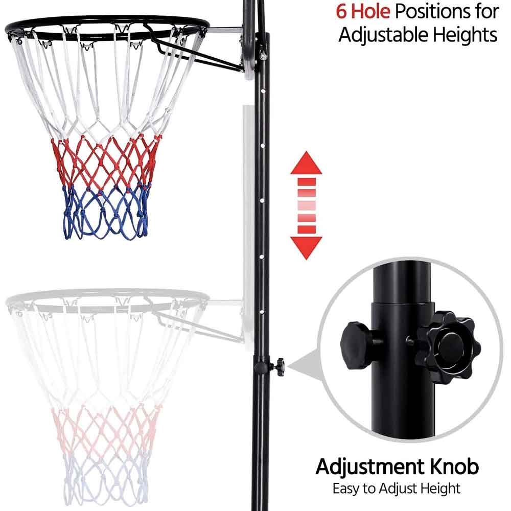 Height adjustment holes and hand knob on the hoop pole