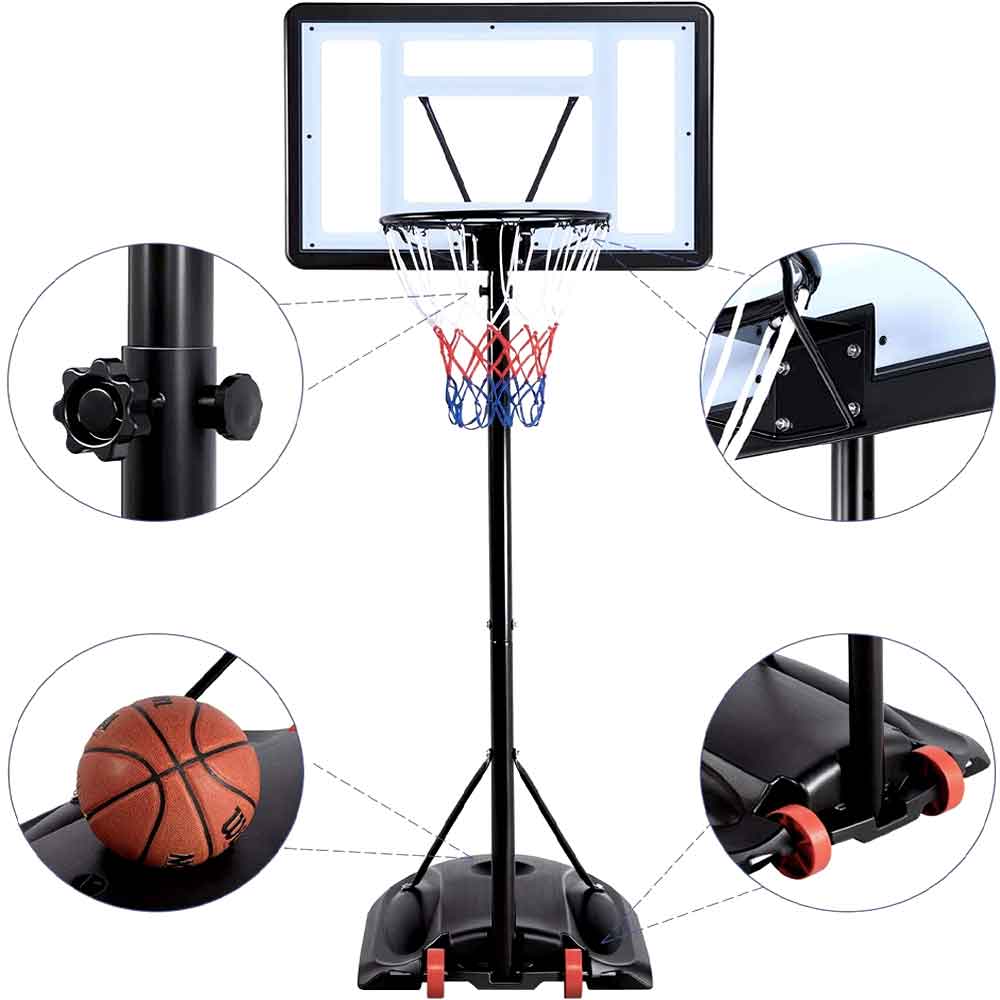 Hoop details: backboard support, rim, height knob and base wheels