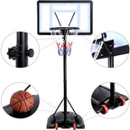 Hoop details: backboard support, rim, height knob and base wheels