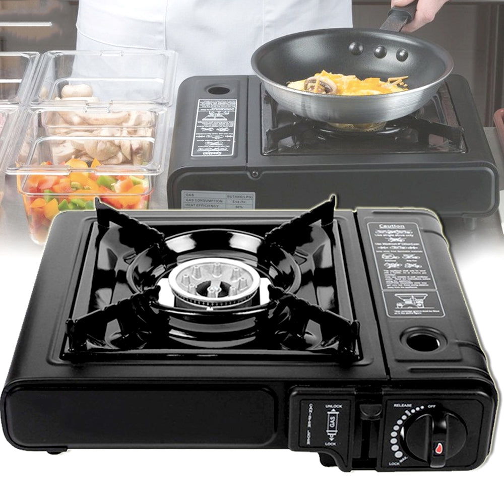 Portable butane camping stove with carrying case