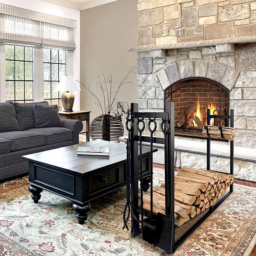 Firewood rack with tools beside a stone fireplace in a living room