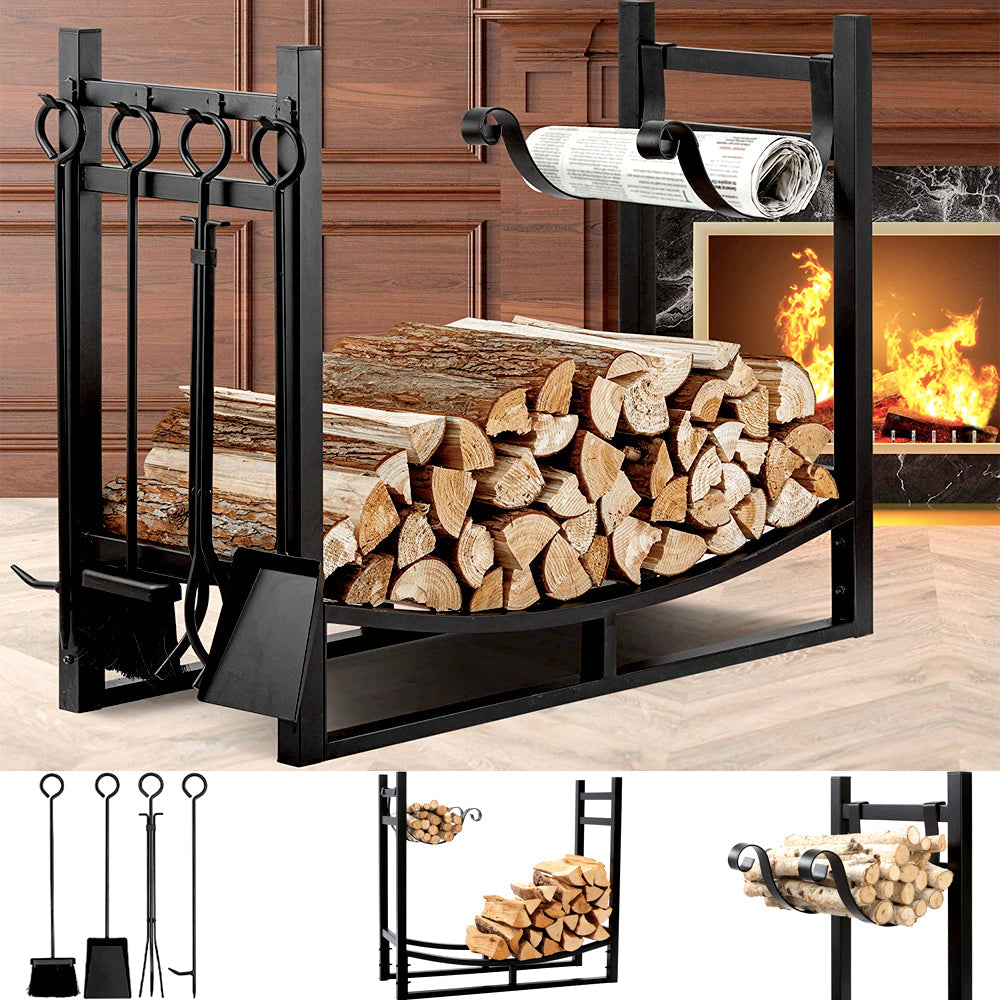 Firewood rack by the fireplace, with tool set and kindling holder details