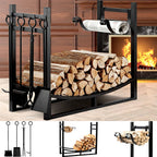 Firewood rack by the fireplace, with tool set and kindling holder details
