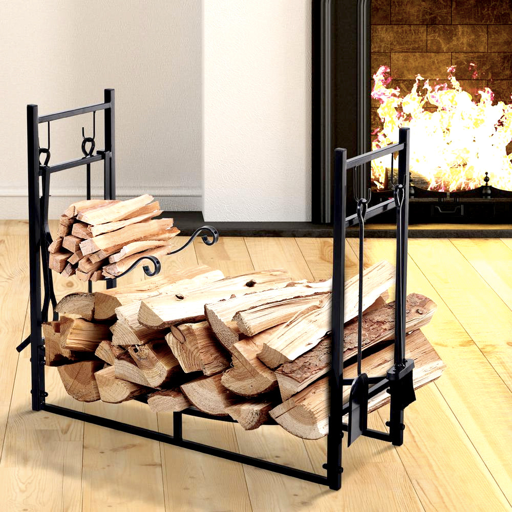 Firewood rack loaded with logs next to a fireplace