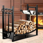 Firewood rack with logs beside a lit fireplace