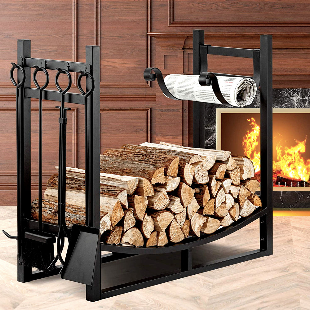 Firewood rack with logs beside a lit fireplace