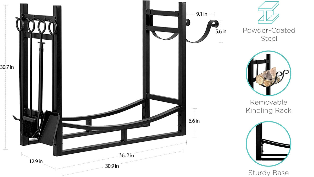 Firewood rack features: powder-coated steel, removable kindling holder and curved base