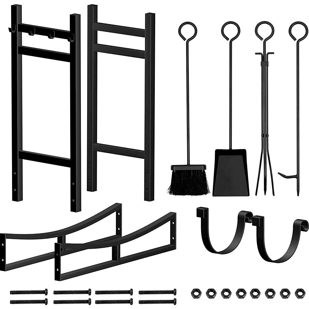 Firewood rack parts with fireplace tools and assembly hardware