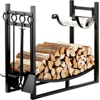 Black firewood rack with stacked logs and 4 fireplace tools
