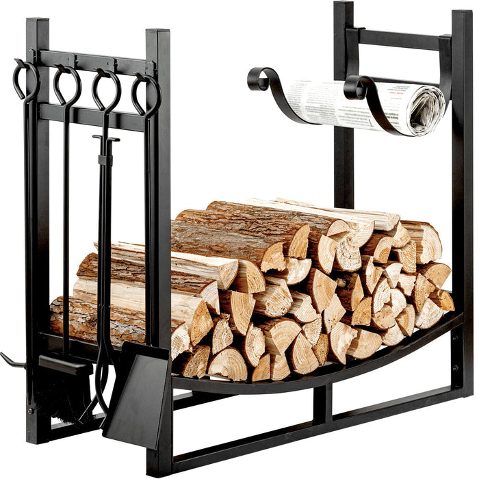 Black firewood rack with stacked logs and 4 fireplace tools