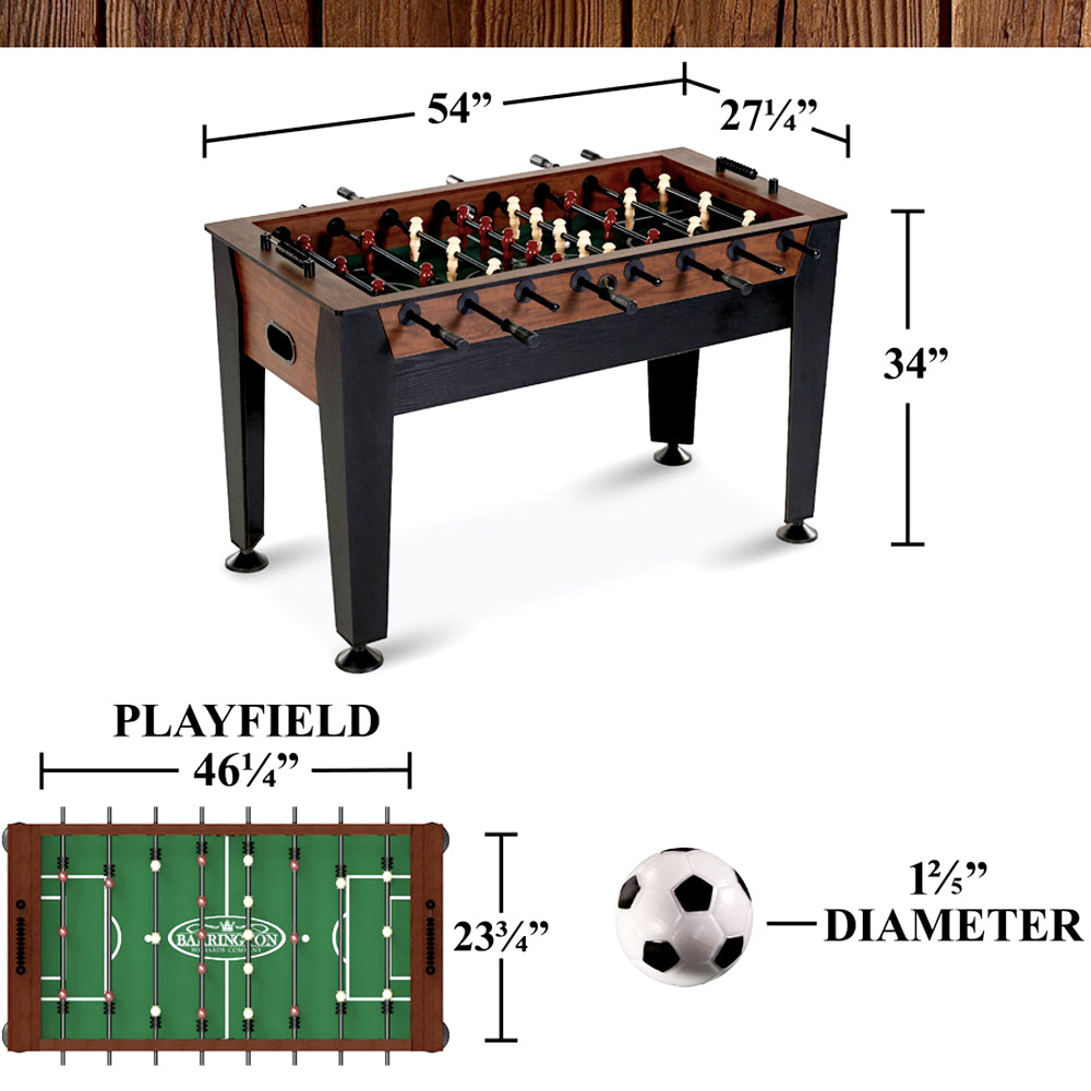 Foosball table dimensions: 54 x 27.25 x 34 inches, with playfield size