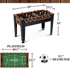Foosball table dimensions: 54 x 27.25 x 34 inches, with playfield size