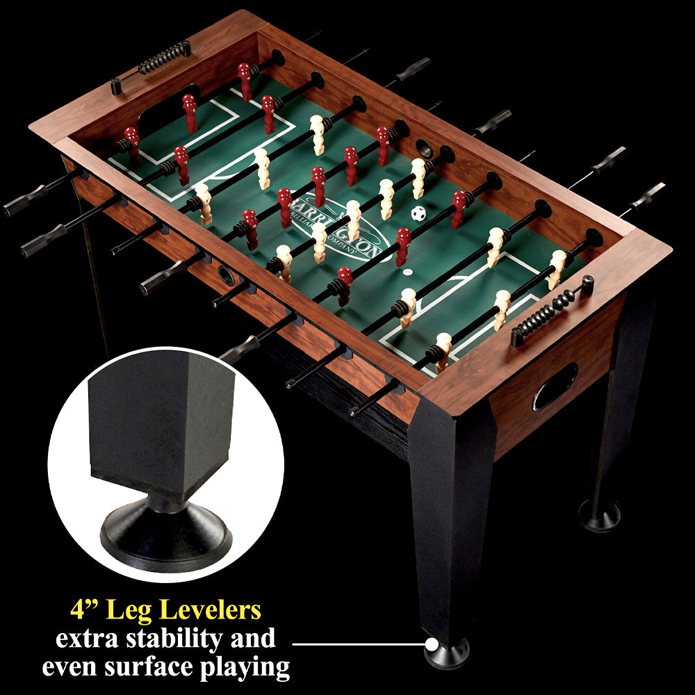 Foosball table with 4 inch leg levelers for an even playing surface