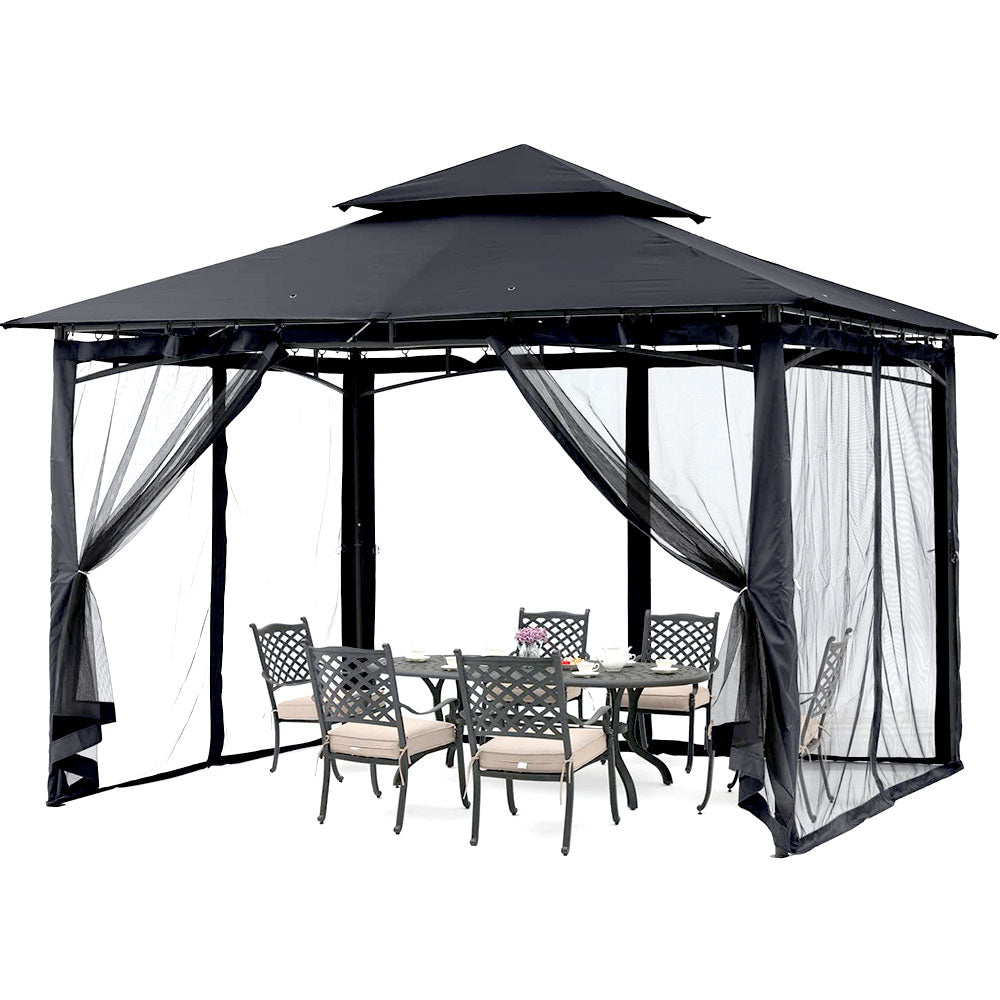 Black gazebo with netting open at the corners