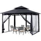 Black gazebo with netting open at the corners