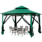 Forest green gazebo with netting tied open