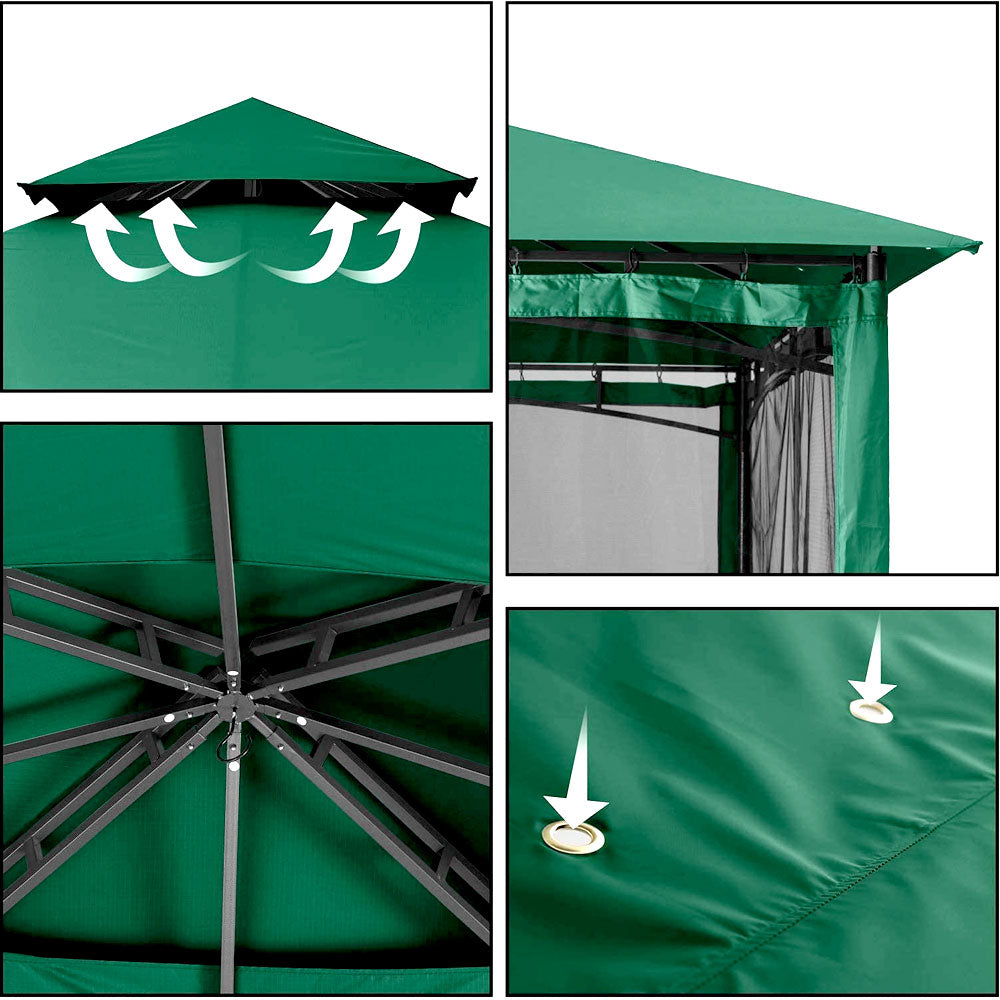 Gazebo details: vented roof, drainage, frame joints and netting