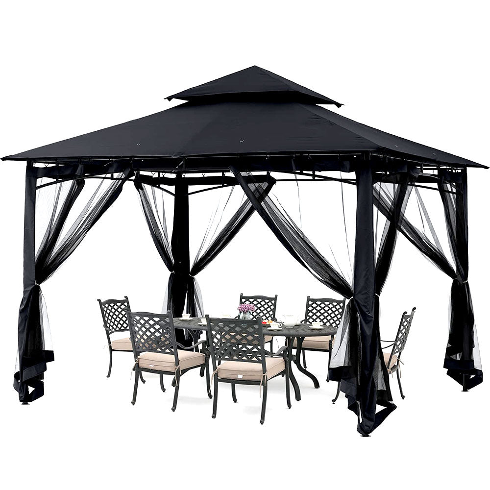 Black steel patio gazebo with mesh netting over an outdoor dining set