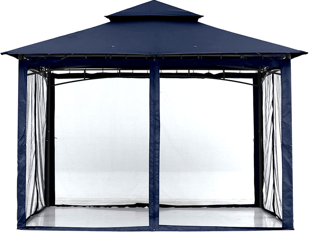 Navy blue gazebo with mesh netting zipped closed
