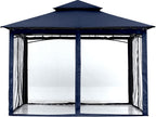 Navy blue gazebo with mesh netting zipped closed