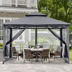 Gray gazebo shading a patio dining table beside a house