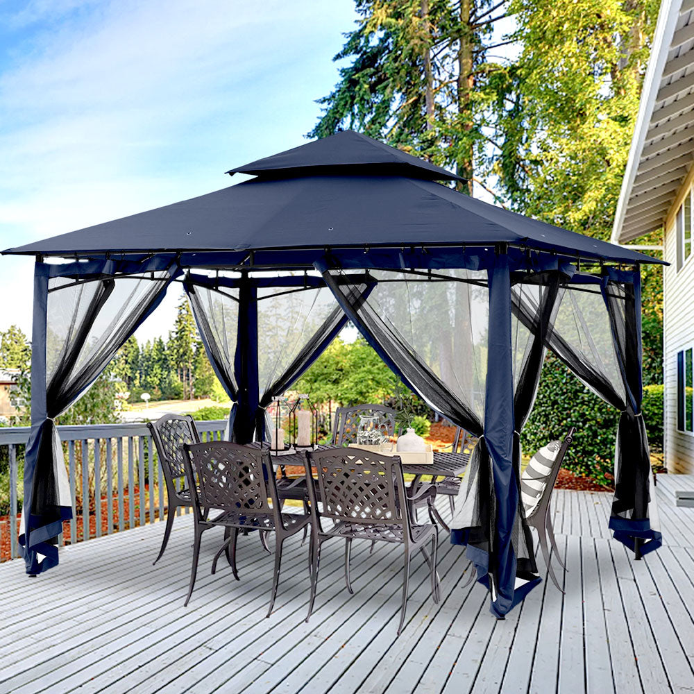 Navy blue gazebo over a dining set on a wooden deck