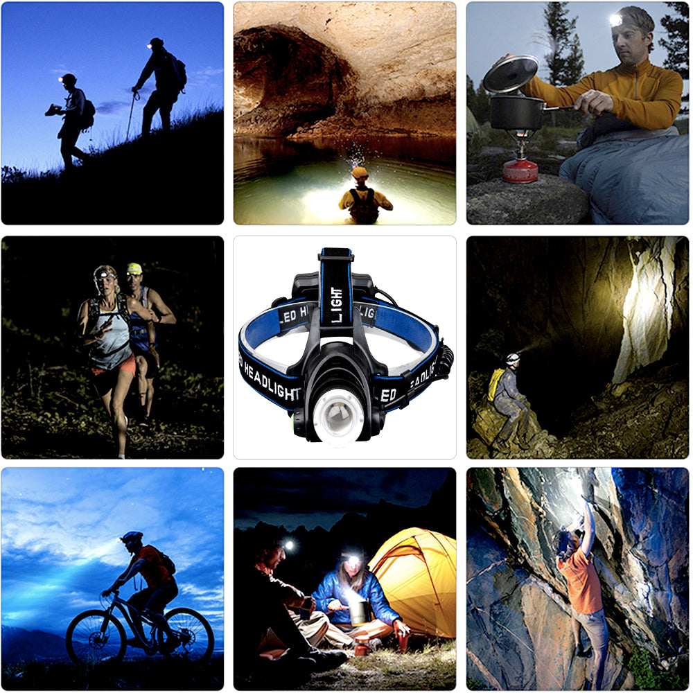 Headlamp uses: night hiking, cycling, camping and fishing