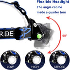 Headlamp tilting 90 degrees, with low, high and strobe modes