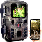 Camouflage trail camera with a phone app showing a deer