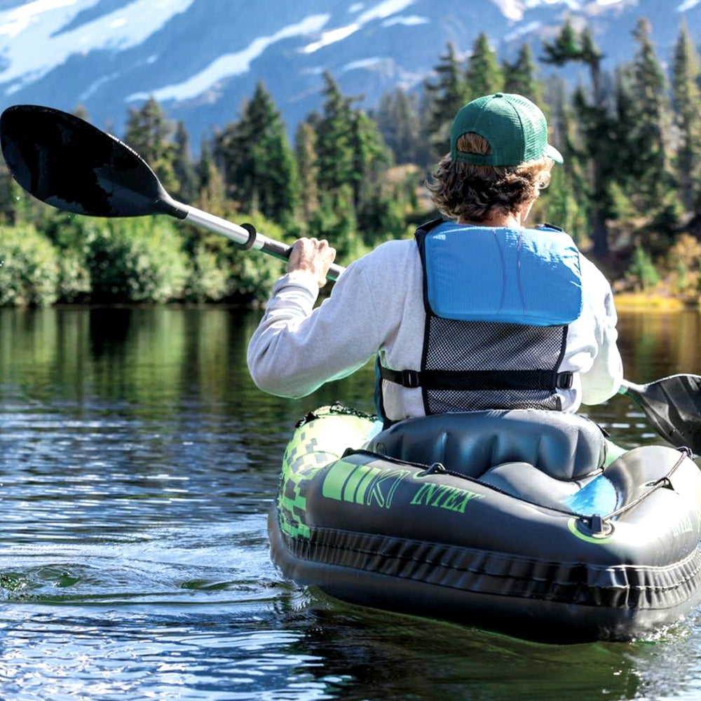Inflatable kayak packed in carry bag