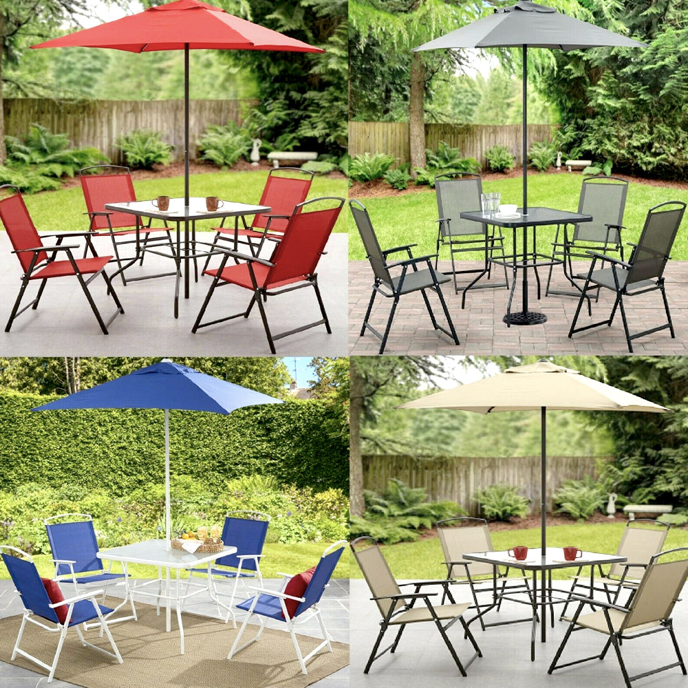 Patio dining set in red, gray, blue and tan
