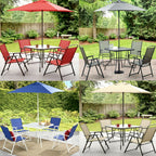 Patio dining set in red, gray, blue and tan