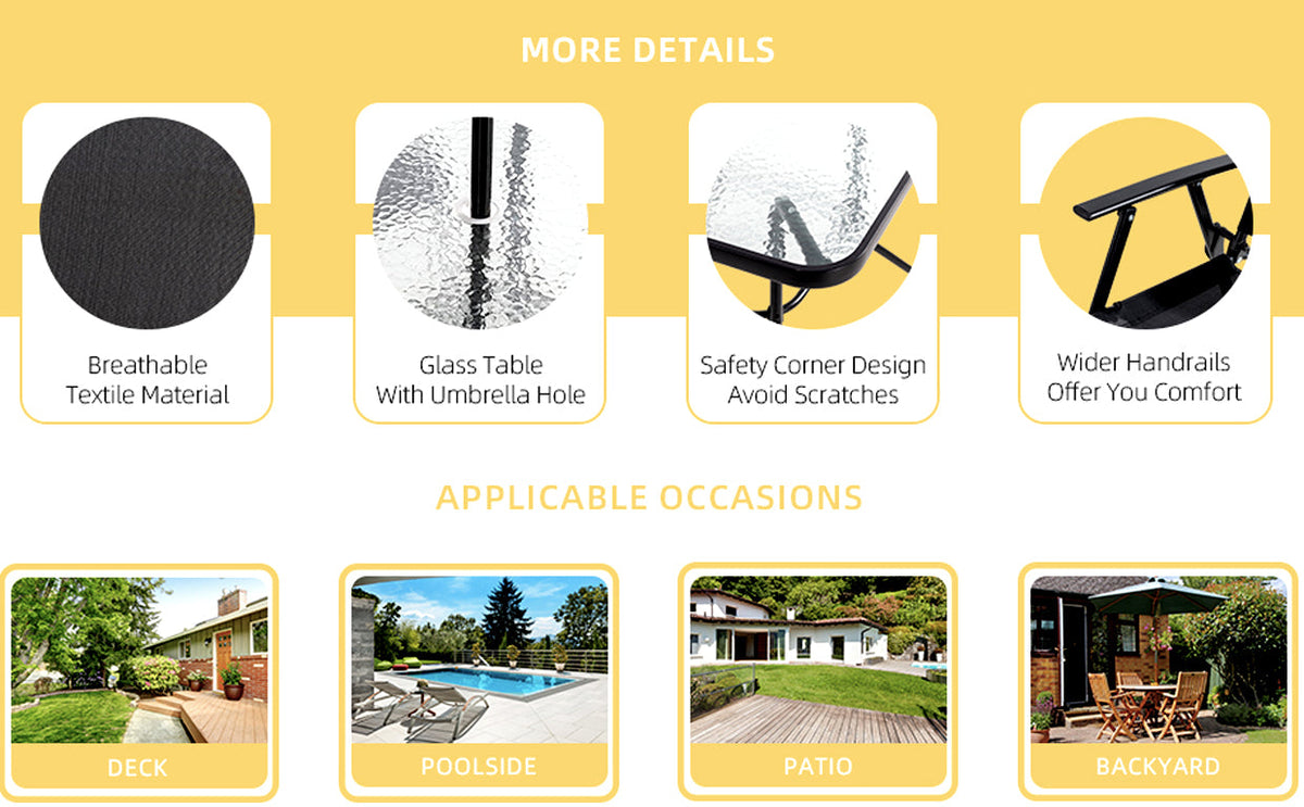 Dining set features and use settings: patio, garden, poolside and balcony