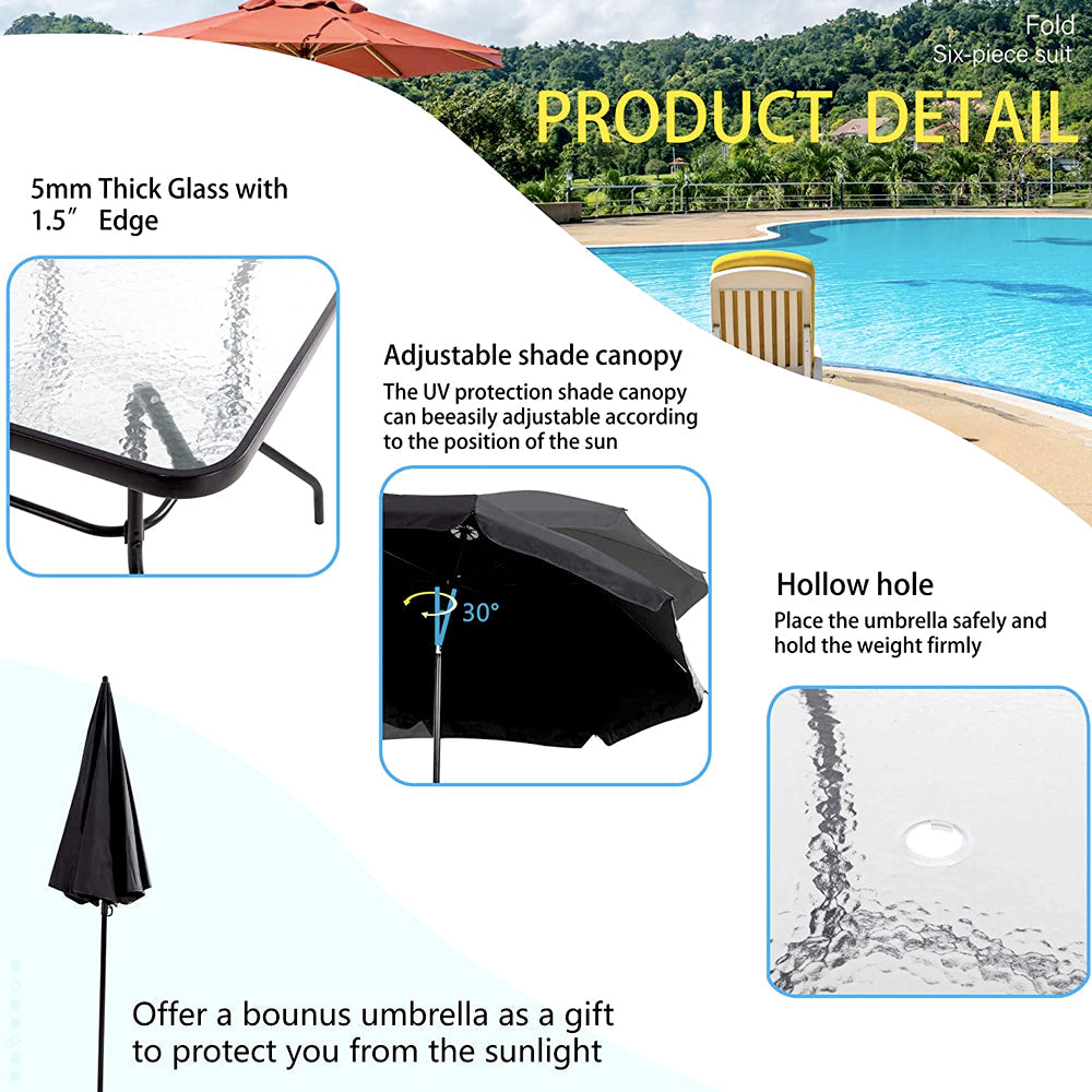 Product details: glass tabletop, umbrella, chair fabric and hardware