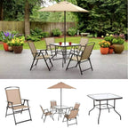 Tan dining set in a garden, with the folding chair, umbrella and table shown separately